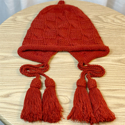 气质红色帽子女秋冬保暖毛线，流苏套头帽手工针织，甜美护耳帽日系in