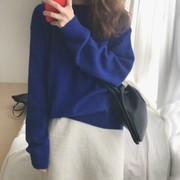 克莱因蓝毛衣女冬季慵懒风套头内搭蓝色针织羊毛衫欧货短款打底衫