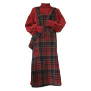 大码胖妹妹法式圣诞穿搭小众红色格子长裙春季格纹背带连衣裙套装