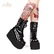 2020冬季哥特Lolita靴圆头铆钉骷髅头配饰厚底超高跟松糕系靴8825