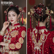 新中式古风红色绒花朵流苏，结婚头饰敬酒旗袍，礼服配饰扇形秀禾饰品