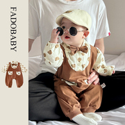 2024春装韩版婴儿可爱小熊假两件长袖连体衣男宝宝绅士爬服外出服