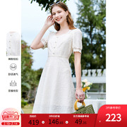 betu百图女装2023年夏季法式方领白色蕾丝短袖气质连衣裙子