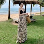 新中式水墨V领吊带长裙复古设计海边度假拍照露背沙滩裙连衣裙夏