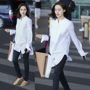 香港2024夏季白色立领衬衫，女中长款长袖，宽松显瘦bf风时尚衬衣