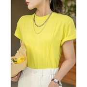 黄色圆领短袖t恤女夏季2024翻边设计感纯色，体恤宽松气质上衣