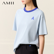 Amii2024极简新疆棉全棉宽松中长款短袖T恤夏天女款上衣半袖