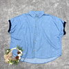 日单短袖印花蓝色牛仔衬衫，女2024夏季polo领纯棉大码蝙蝠衫