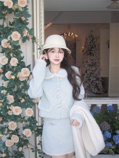 韩剧穿搭小香风套装女秋冬蝴蝶结，娃娃领毛呢，短外套半身短裙两件套