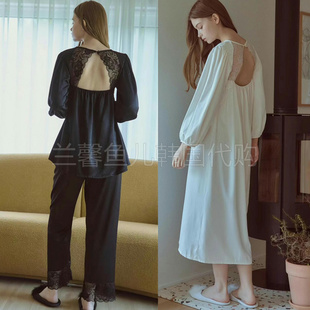 balcony韩国2023秋季纯色，性感蕾丝露后背圆领长袖，睡衣套装睡裙女