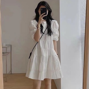 韩国chic设计感小众褶皱泡泡袖法式连衣裙女夏季小个子显瘦短裙子