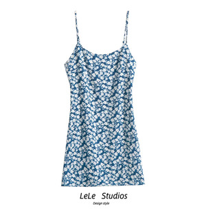 法式小众夏季吊带裙时尚无袖，露肩蓝色碎花连衣裙，小个子复古裙
