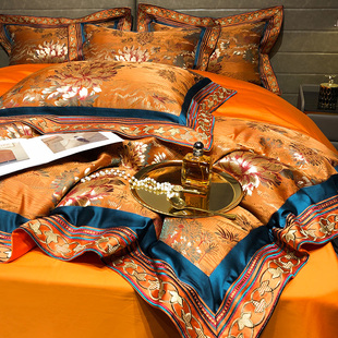 高端欧式别墅锦缎色织提花四件套 奢华美式大花朵床盖款床上用品