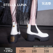 stellaluna女鞋春秋粗跟短靴，牛皮黑白复古厚底，踝靴切尔西靴