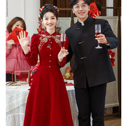 旗袍敬酒服新娘2024酒红色小个子订婚礼服裙结婚蕾丝中式改良