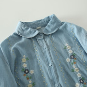 文艺复古做旧感水洗牛仔衬衫，女花朵刺绣，元宝领宽松显瘦长袖衬衣