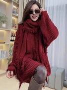 欧货重磅秋冬设计红色加厚针织，毛衣长袖女装高级感围巾打底衫