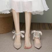 气质法式尖头绑带珍珠单鞋，女中跟2024年公主风百搭粗跟高跟鞋