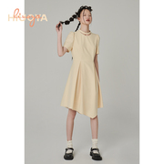 HIUOYA柚盐短袖不规则黄色连衣裙中长款2021夏小个子显瘦气质