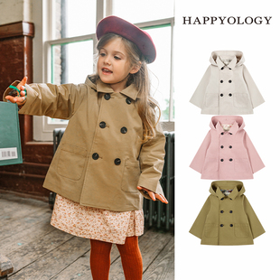 happyology英国童装，休闲女童风衣外套英伦风带帽，男童外套风衣