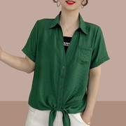 女士短袖衬衫假两件短款上衣，衬衣2024夏装遮肚子雪纺衫设计感