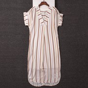 外贸单 夏季女装人造棉竖条纹连衣裙 设计感小众V领落肩袖直筒裙