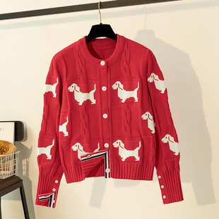 秋冬季本命年大红色全件小狗图案针织开衫毛衣女洋气新年圆领外套