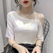 韩国短袖T恤女宽松2024年夏季洋气时尚露肩小衫斜肩百搭上衣