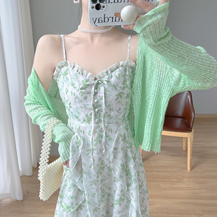 法式碎花雪纺连衣裙女夏季系带荷叶，边吊带背心裙外搭开衫两件套
