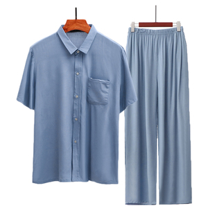 棉绸短袖翻领开衫男中老年男夏季薄款衬衣人造棉家居服长裤两件套