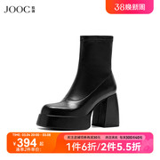 JOOC玖诗短靴女2024防水台粗跟时装靴方头弹力瘦瘦靴女鞋7103