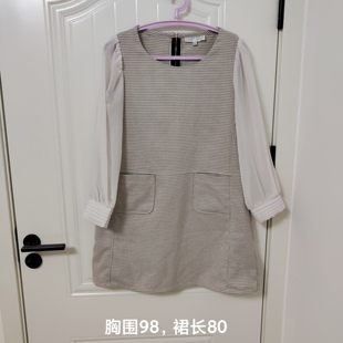 小香风千鸟格纹雪纺长袖拼接圆领气质宽松娃娃珍珠拉链A字连衣裙