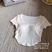白色短袖v领t恤女2023年夏季短款小众辣妹上衣带胸垫
