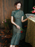 绿色旗袍2023年改良复古中国风民国老上海气质短袖长款连衣裙