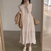 韩国chic春季复古气质圆领褶皱感设计宽松中长款雪纺连衣裙女