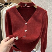 2023秋冬红色法式毛衣开衫外套女设计感小众长袖v领针织挂脖上衣