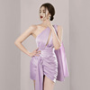 紫色名媛斜肩不规则短裙2024小众设计感镂空褶皱收腰连衣裙