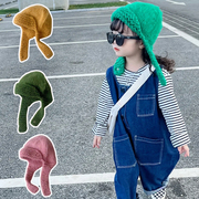 韩国儿童毛线帽子秋冬柔软长毛纯色男童套头帽，女童保暖针织护耳帽