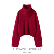 极简宽松版型~红色拉链，大翻领阔袖粗针羊，绒毛衣女2024春季