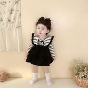 韩版春秋季婴儿衣服女宝宝，条纹翻领大蝴蝶结，长袖哈衣半身裙两件套