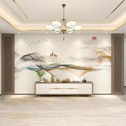 2023中式电视背景墙布壁纸抽象水墨线条山水壁画客厅卧室麋鹿