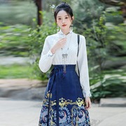 古风新中式汉元素马面裙搭配的白色立领对襟，上衣日常通勤刺绣衬衫