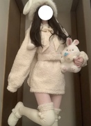 韩系可爱少女甜美减龄兔耳朵羊羔毛短款外套高腰半身裙秋冬套装女