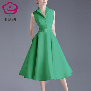 卡沃利法式高档气质名媛伞裙2024夏装绿色连衣裙通勤时尚裙子