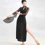 中国风古典舞旗袍身韵演出舞蹈，服专业跳舞专用开叉弹力黑色网纱