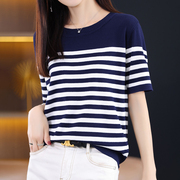 韩国圆领蓝白条纹t恤女短袖，夏季薄海军风圆领冰丝针织打底衫上衣