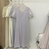 淡紫色泡泡袖垂感连衣裙女夏季2024新法式高腰显瘦设计感a字长裙