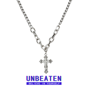 unbeaten镶钻十字架项链男女ins小众，设计高级感潮嘻哈古巴链配饰