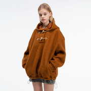 fakemama冬季加绒羊毛，双排扣舒适保暖棕色连帽卫衣韩国