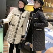 棉衣女冬季欧洲站韩版编织菱形格轻薄中长款棉服女装棉袄外套